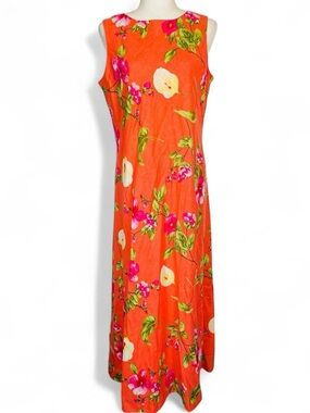 Y2K Talbots Size 12 Maxi Dress Sleeveless Orange Floral Print Linen Rayon Blend